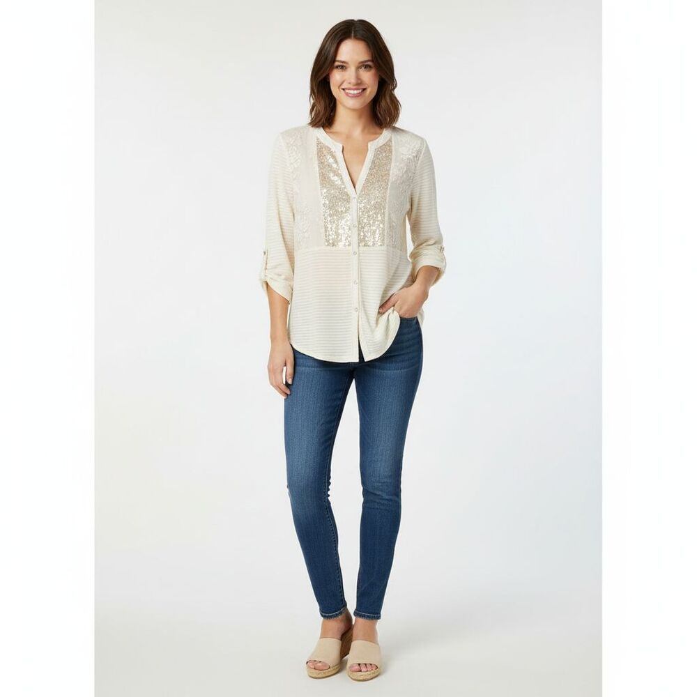 Tiny Ivory Sequin Embroidered Blouse Top Womens Size Medium Lightweight